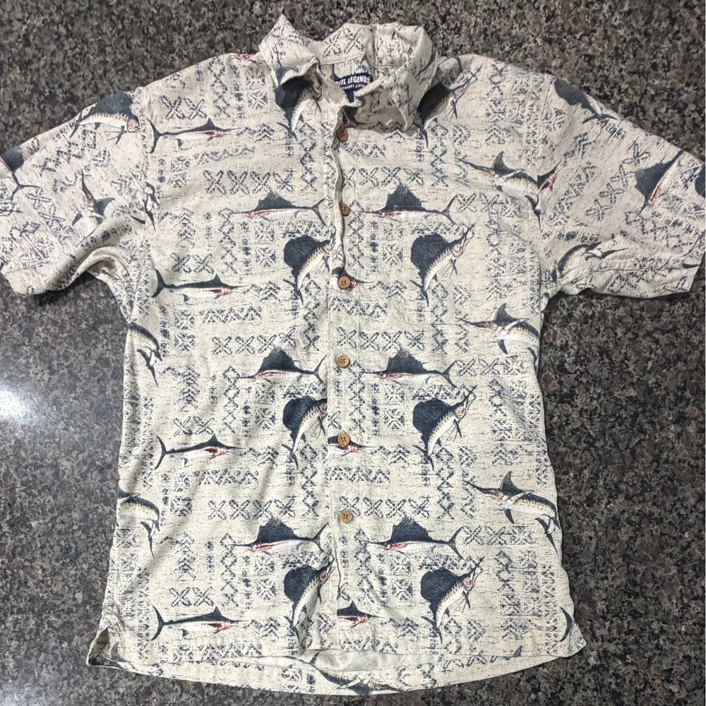 Reel‎ Legends Mens Marlin Fish Print Button Down Shirt Beige Blue Sz M Short Slv